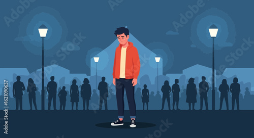 Lonely young man standing out from crowd feeling isolated and sad illustration