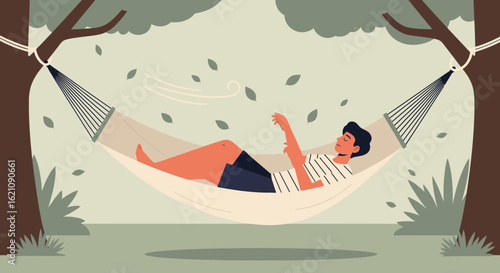 Man Relaxing In Hammock Underneath Trees On Calm Fall Day