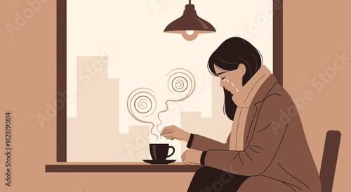 Lost In Her Thoughts Depicts A Sad Woman Stirring A Hot Drink