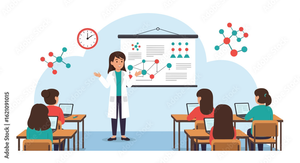 Illustrative Science Classroom Setting with a Teacher Explaining Molecules to Students Illustrative Science Classroom Setting with a Teacher Explaining Molecules to Students