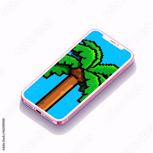Pixel art palm tree on a smartphone screen with a pink case