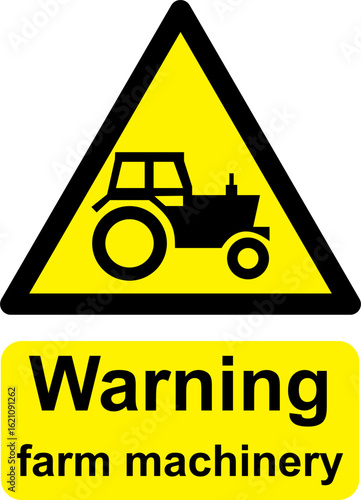 Black and yellow vector graphic of Warning Farm Machinery warning sign. It consists of a symbol in a triangle above warning text.