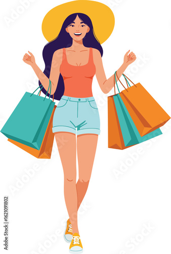 Woman walking with shopping bags wearing yellow hat and casual summer outfit vector illustration