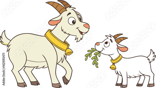 Goat and baby goat eating grass vector design, Goat logo design, Goat illustration vector design