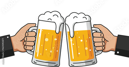 Beer mugs clinking hands cheers celebration with frothy golden beer and foam vector illustration