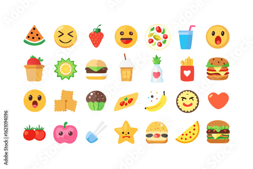 Collection of colorful flat food and emoji icons on black background