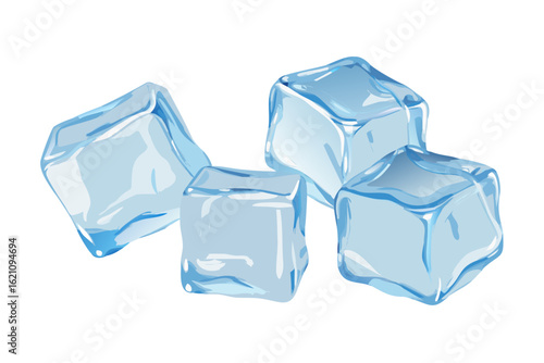 Four clear blue ice cubes on a black background