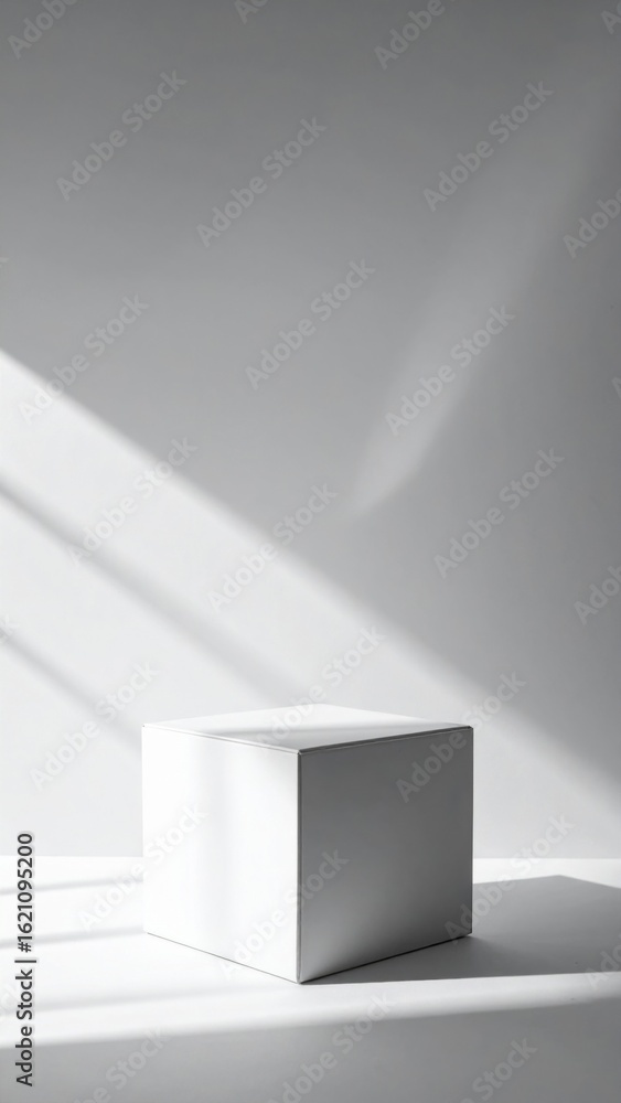Fototapeta premium White Cube with Strong Shadows Against a White Background in Studio