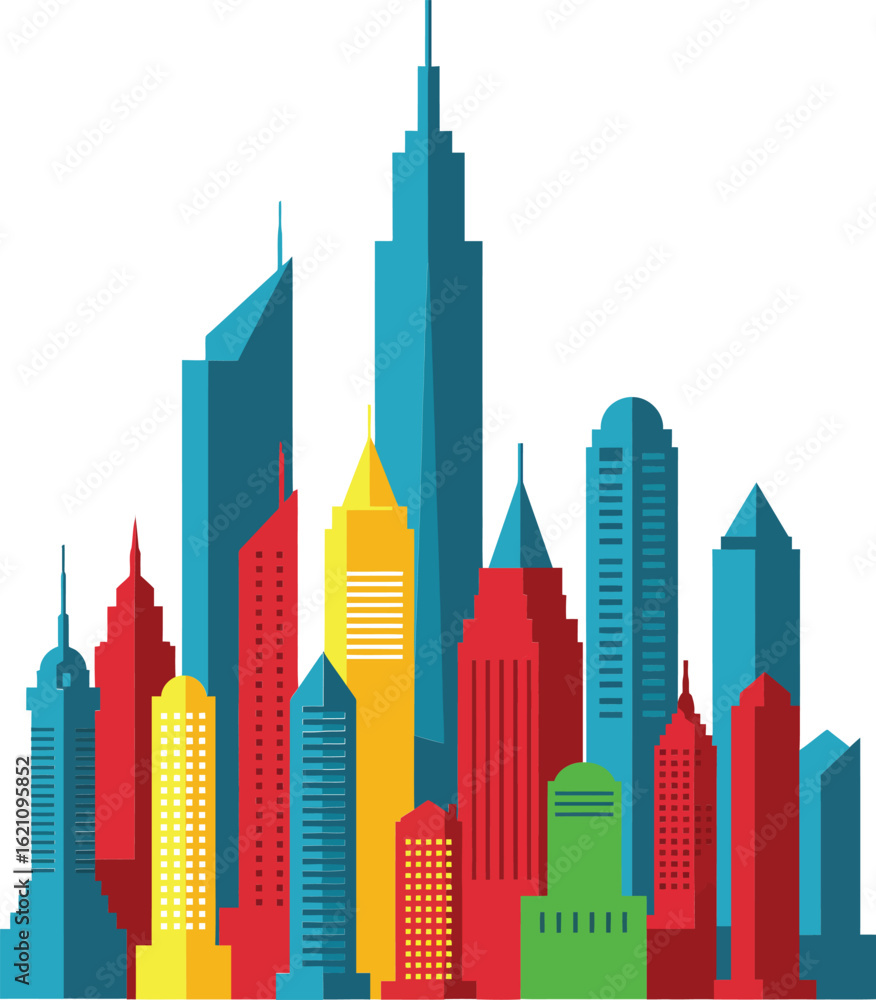 Fototapeta premium Modern city skyline vector with colorful high-rise buildings and skyscrapers in abstract urban composition