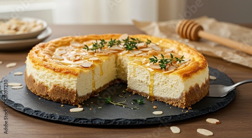 Delicious cheesecake with honey, thyme, and almonds on a slate plate.