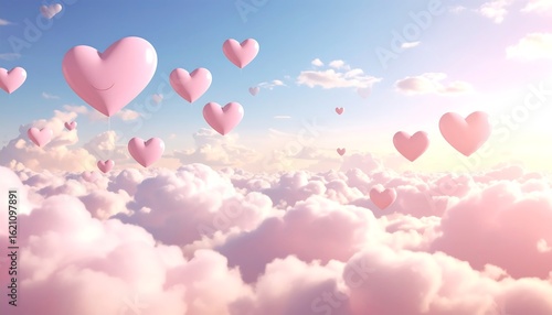 Pink hearts float in a soft, pastel sky above fluffy clouds