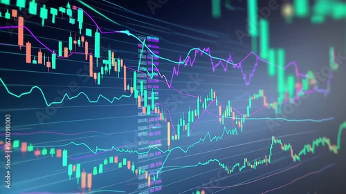 This video presents dynamic graphs and charts illustrating market trends and financial data. The colorful lines and moving patterns represent the fluctuating nature of stock markets and investments, p