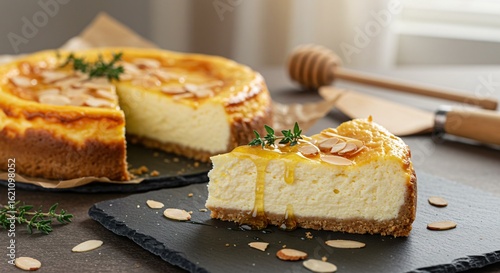 Honey drizzled cheesecake with almond slices and a sprig of thyme.
