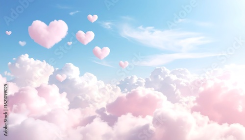 Fototapeta Naklejka Na Ścianę i Meble -  Pink heart-shaped clouds float in a pastel sky