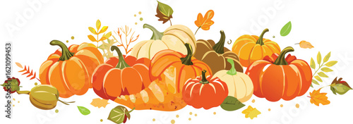 Vector illustration of orange tulips, pumpkins, and autumn leaves on a white background, perfect for a Thanksgiving or fall holiday design