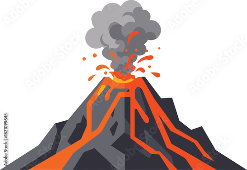 Volcano erupting with flowing lava and smoke plume vector illustration in dramatic natural disaster scene