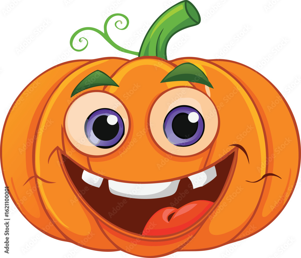 Fototapeta premium A smiling orange pumpkin cartoon character with a happy face illustration is a funny Halloween vegetable
