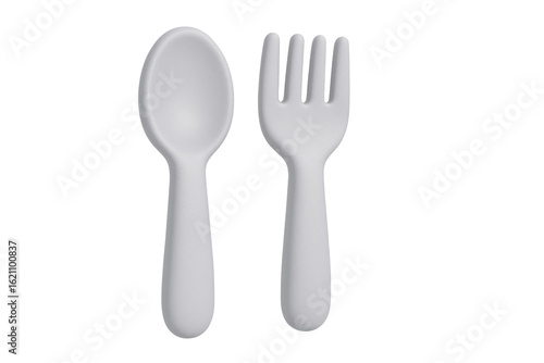 3d rendered white plastic cutlery lying on clear surface, minimalist design element highlighting contemporary culinary styling and graphic presentation