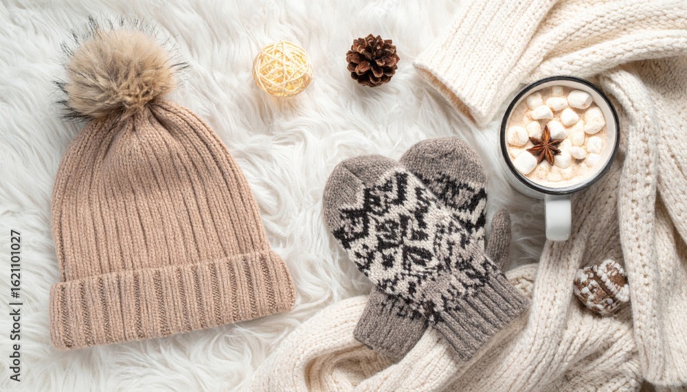 Fototapeta premium Beige Knitted Hat with Mittens and Hot Chocolate on White Furry Background