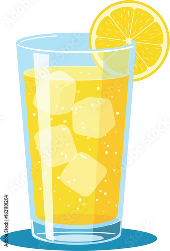 Glass of fresh orange juice with ice cubes and lemon slice on white background vector illustration