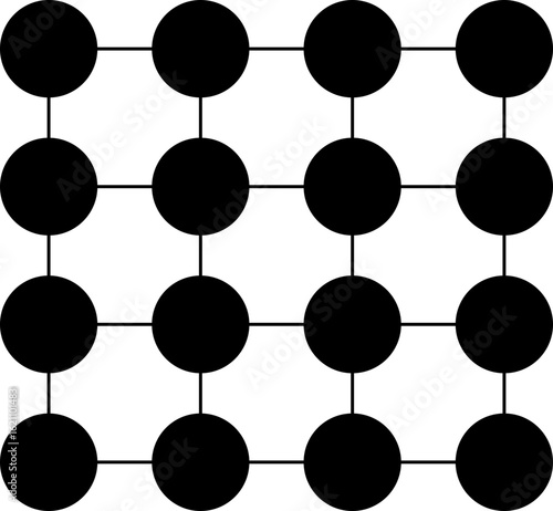 Circular nodes linked by radiating beams forming a geometric structured network.