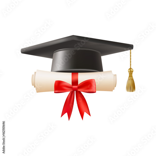 3d diploma scroll with graduate hat. Vintage roll paper