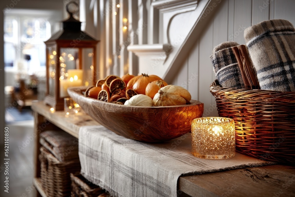Fototapeta premium Cozy autumn home decor featuring pumpkins, dried oranges, and warm candle light.