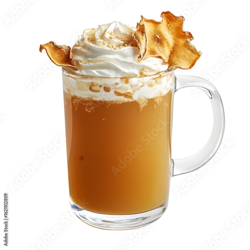 caramel apple cider juice in a curved glass mug with whipped cream swirl and dried apple chips on white