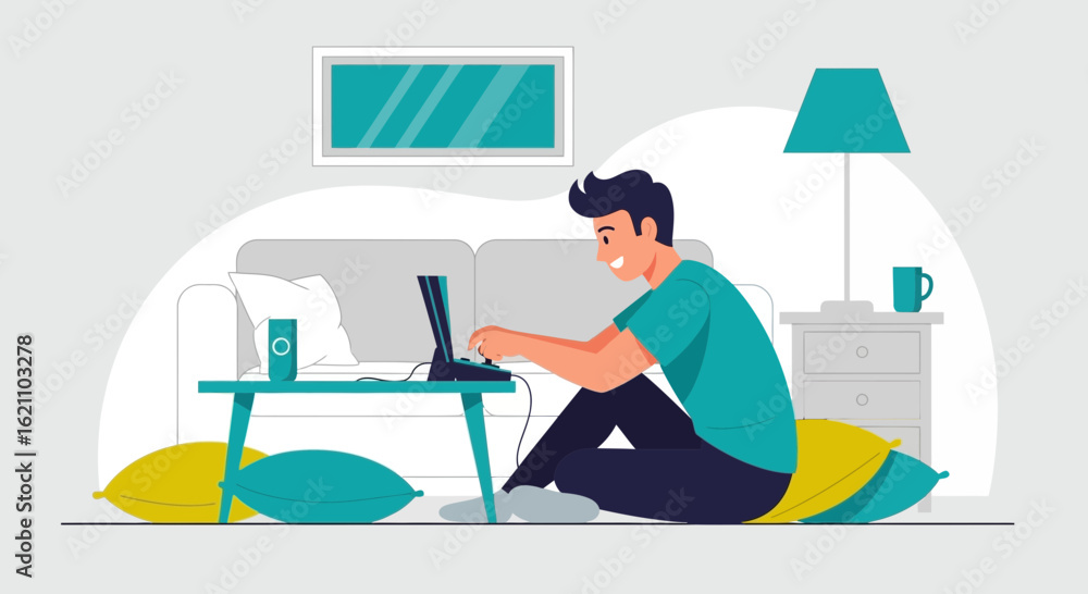 Obraz premium Illustration of a relaxed man working from home with laptop on the floor during the day