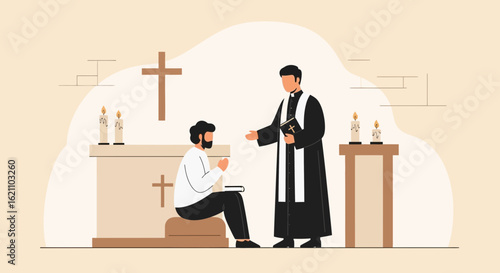 Illustration Of A Priest Offering Spiritual Guidance And Comfort To A Parishioner