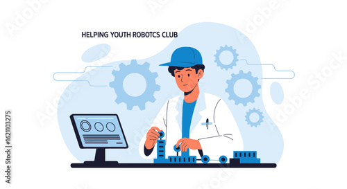 Illustration of a robotics club mentor guiding youth in building a robot vector art