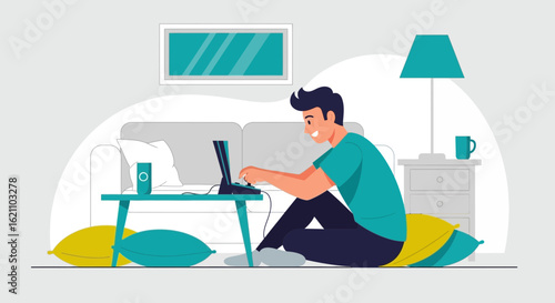 Illustration of a relaxed man working from home with laptop on the floor during the day
