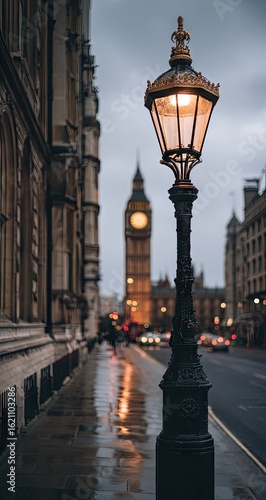 Illuminated street lamp on a wet city street.