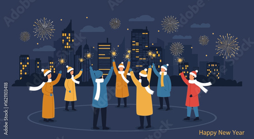 Group of people celebrating New Year's Eve with sparklers in the city at night happy atmosphere