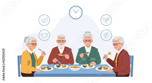 Group Of Seniors Enjoying A Nutritious Meal Together In Dining Room
