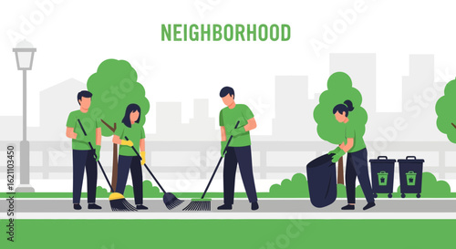 Group of volunteers cleaning up the neighborhood, illustration promoting community engagement and civic responsibility