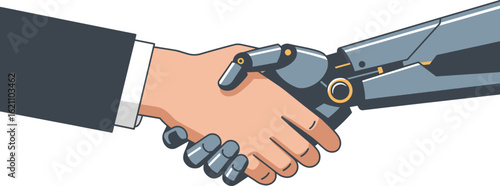 Flat vector illustration of a human hand and a robot hand shaking hands, only hands visible
