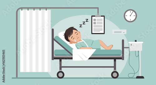 Illustration Of A Sick Little Boy Sleeping In The Hospital Bed Feeling Unwell