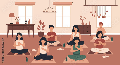 Group Practice Indoor Meditation During a Wellness Retreat in Studio