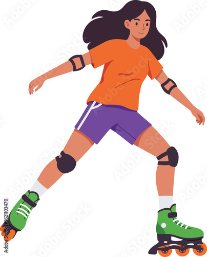 Girl roller skating active sport wearing protective gear orange purple outfit green skates vector illustration