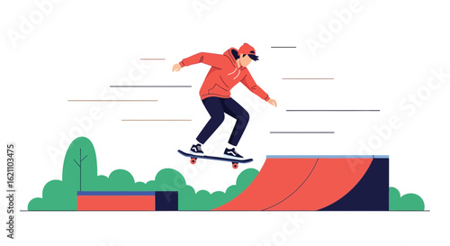 Illustration of a Skateboarder Performing a Trick on a Ramp in a Skate Park with Trees a youthful vibrant scene depicting skill and recreation