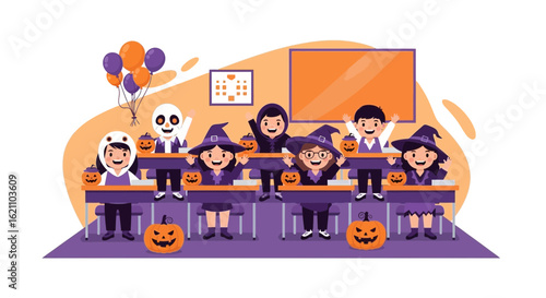 Halloween Classroom Celebration: Children in Costume with Pumpkins and Balloons at School