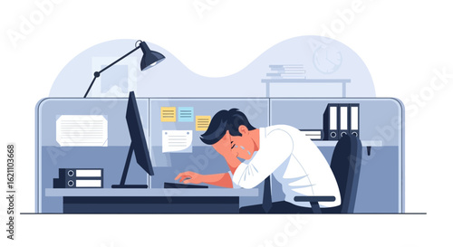 Illustration of a stressed businessman in his office cubicle feeling overwhelmed and exhausted depicting modern workplace burnout