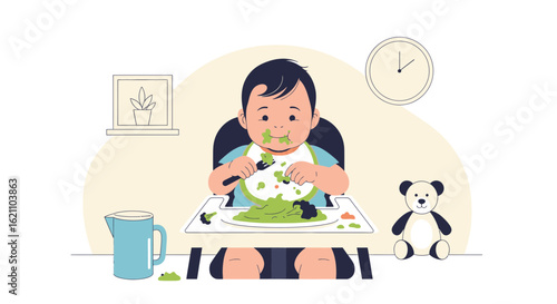 Happy Baby Eating Dinner with Spoonful of Green Puree Food in High Chair