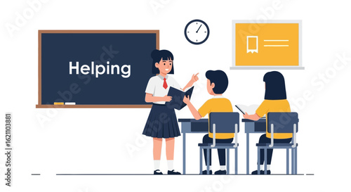 Illustration of a student helping her classmates in a classroom environment with a blackboard