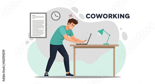 Frustrated man in coworking space struggling with laptop displaying deadline pressure