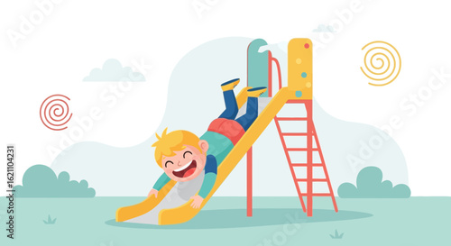 Happy Boy Enjoying Fun And Playful Time On The Yellow Slide At Park