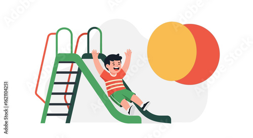 Happy Boy Enjoys Sliding Down On the Playground On a Sunny Day