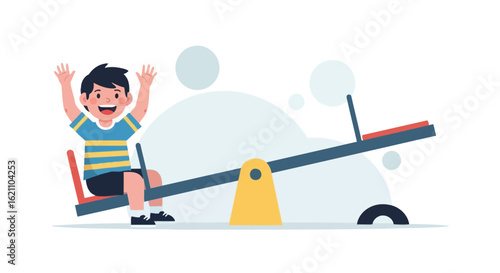 Happy Boy Enjoying Seesaw Ride In Playground During Day Time Outdoors
