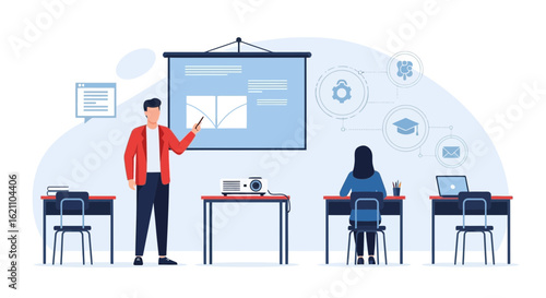 Illustration of a teacher giving a lecture in a classroom setting, ideal for educational content and learning concepts